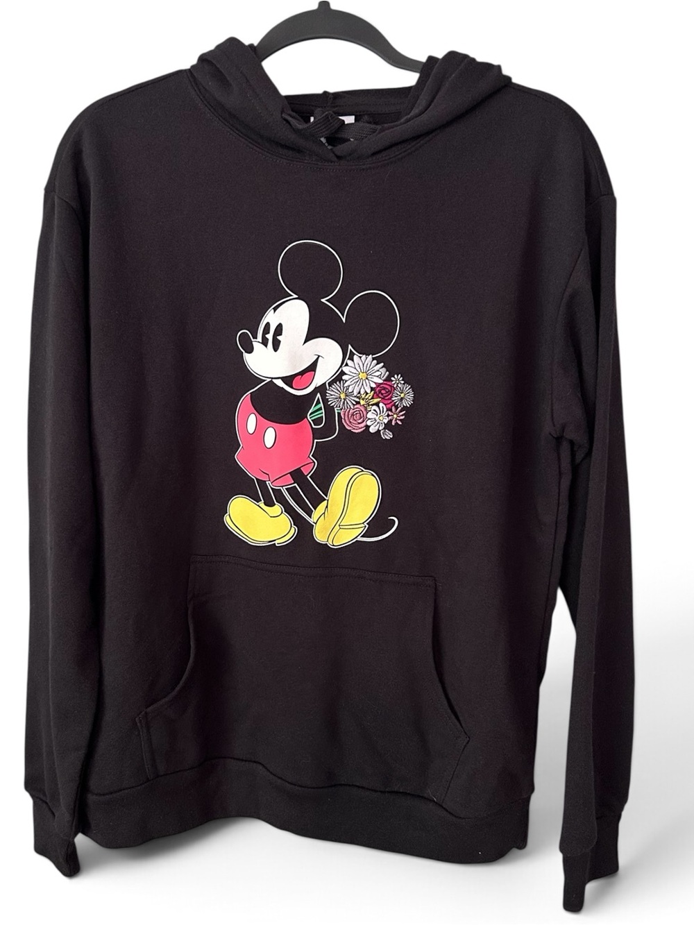 Disney Mickey Mouse Black Hoodie Sweatshirt Embroidered Flowers
